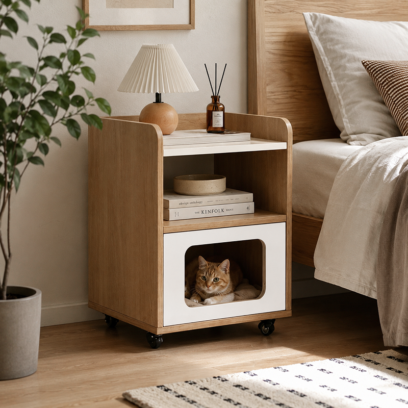 3-in-1 Pet Furniture Cat House With Storage Cabinet Nightstand - Creative Bedside Table &amp; Multifunctional Pet House Furniture For Cats With Wheels For Bedroom
