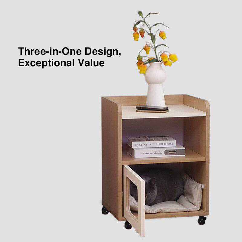 3-in-1 Pet Furniture Cat House With Storage Cabinet Nightstand - Creative Bedside Table &amp; Multifunctional Pet House Furniture For Cats With Wheels For Bedroom