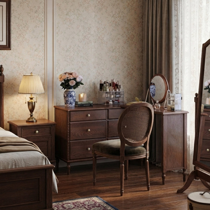Traditional French Ash Wood Plywood Rectangular Extendable Makeup Vanity 6-Drawer For Bedroom