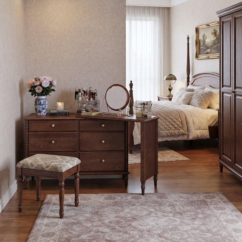 Traditional French Ash Wood Plywood Rectangular Extendable Makeup Vanity 6-Drawer For Bedroom
