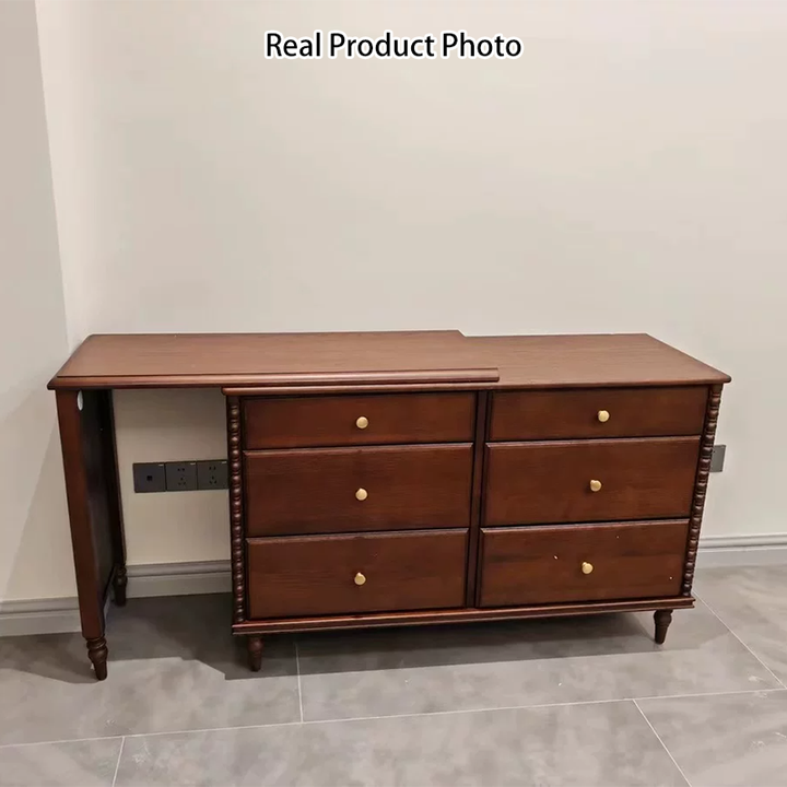 Traditional French Ash Wood Plywood Rectangular Extendable Makeup Vanity 6-Drawer For Bedroom