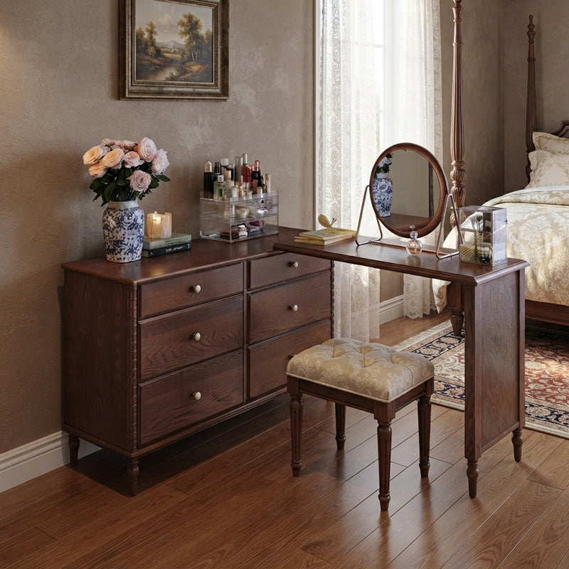 Traditional French Ash Wood Plywood Rectangular Extendable Makeup Vanity 6-Drawer For Bedroom