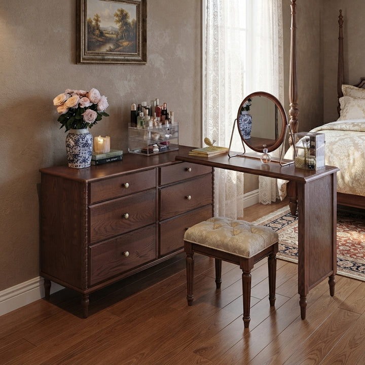 Traditional French Ash Wood Plywood Rectangular Extendable Makeup Vanity 6-Drawer For Bedroom