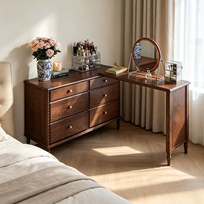 Traditional French Ash Wood Plywood Rectangular Extendable Makeup Vanity 6-Drawer For Bedroom