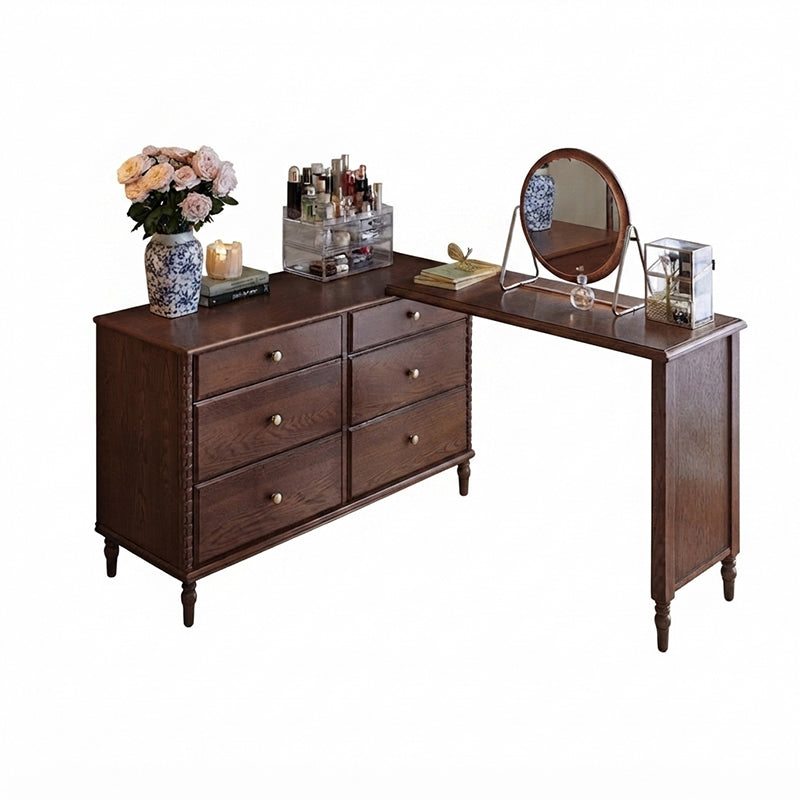 Traditional French Ash Wood Plywood Rectangular Extendable Makeup Vanity 6-Drawer For Bedroom