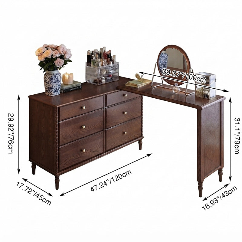 Traditional French Ash Wood Plywood Rectangular Extendable Makeup Vanity 6-Drawer For Bedroom