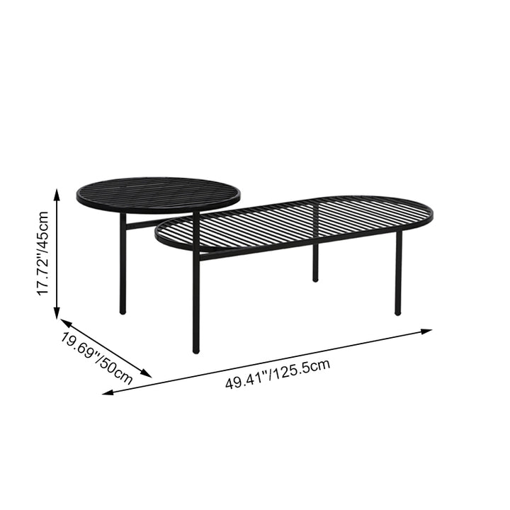 Modern Round &amp; Oval Table, Black Iron Nesting Coffee Table - Minimalist Table With Open Slatted Metal Tops, Polished Rounded Edges, Space-Saving For Living Room