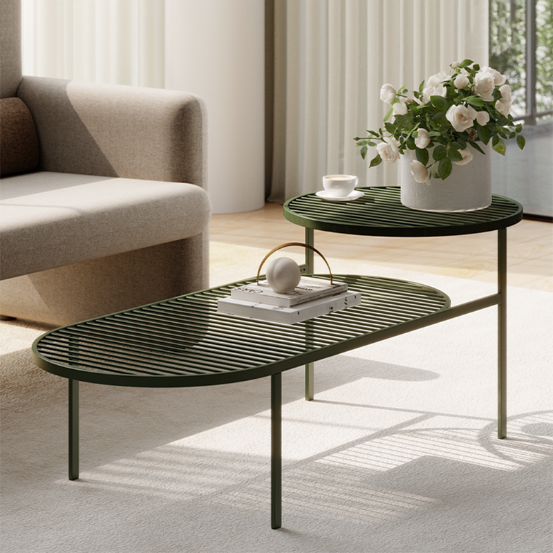 Modern Round &amp; Oval Table, Black Iron Nesting Coffee Table - Minimalist Table With Open Slatted Metal Tops, Polished Rounded Edges, Space-Saving For Living Room