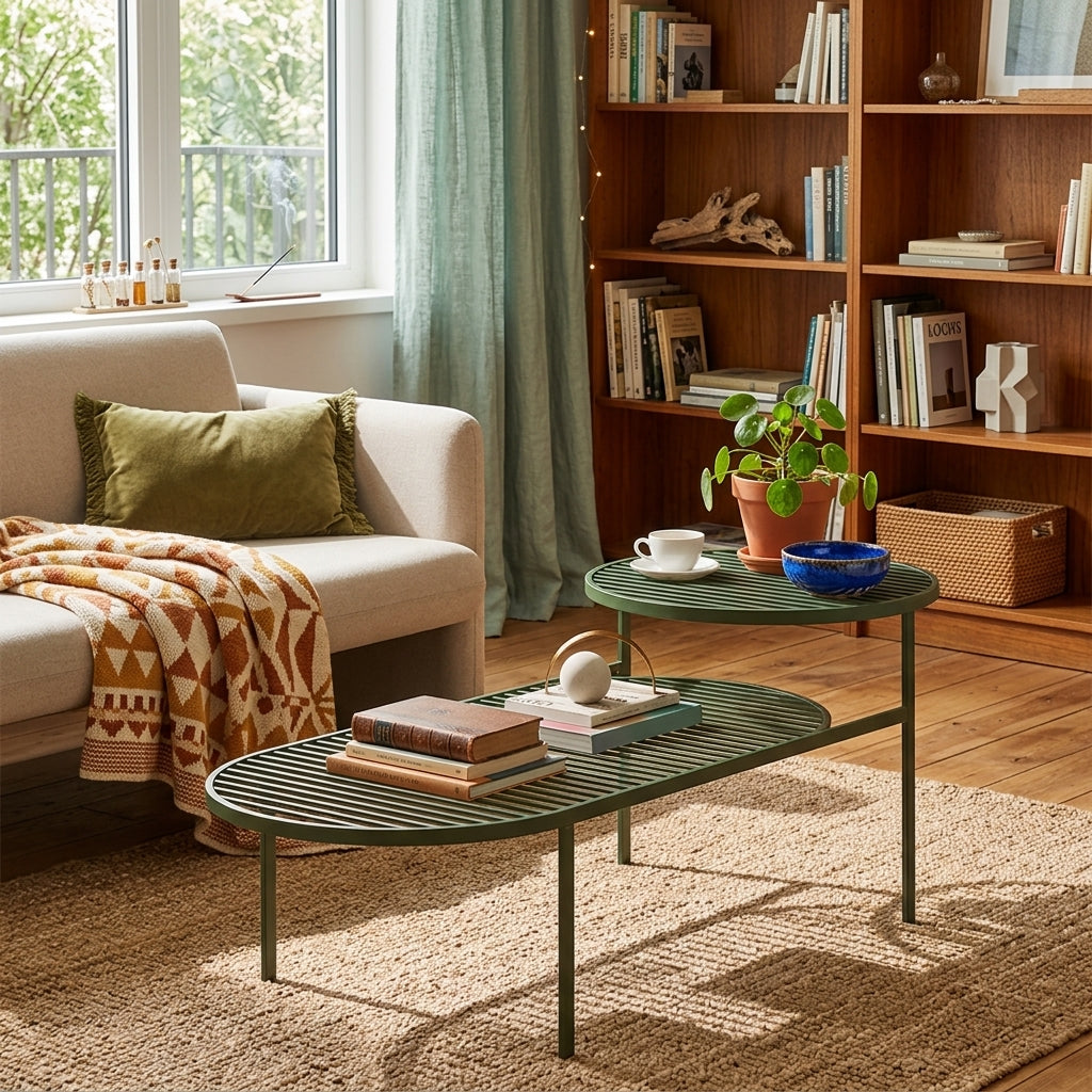 Modern Round &amp; Oval Table, Black Iron Nesting Coffee Table - Minimalist Table With Open Slatted Metal Tops, Polished Rounded Edges, Space-Saving For Living Room