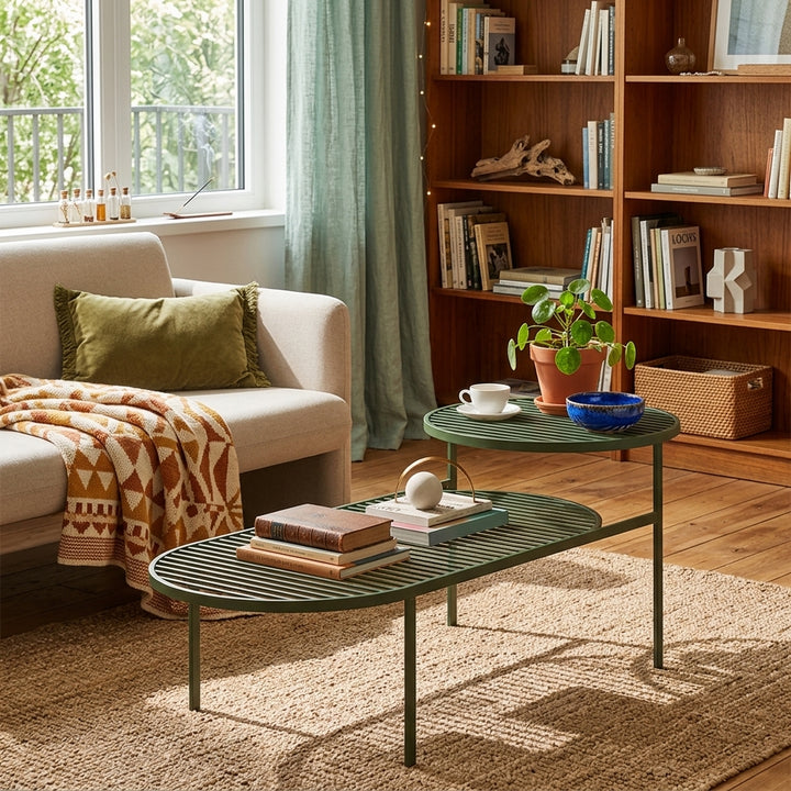 Modern Round &amp; Oval Table, Black Iron Nesting Coffee Table - Minimalist Table With Open Slatted Metal Tops, Polished Rounded Edges, Space-Saving For Living Room