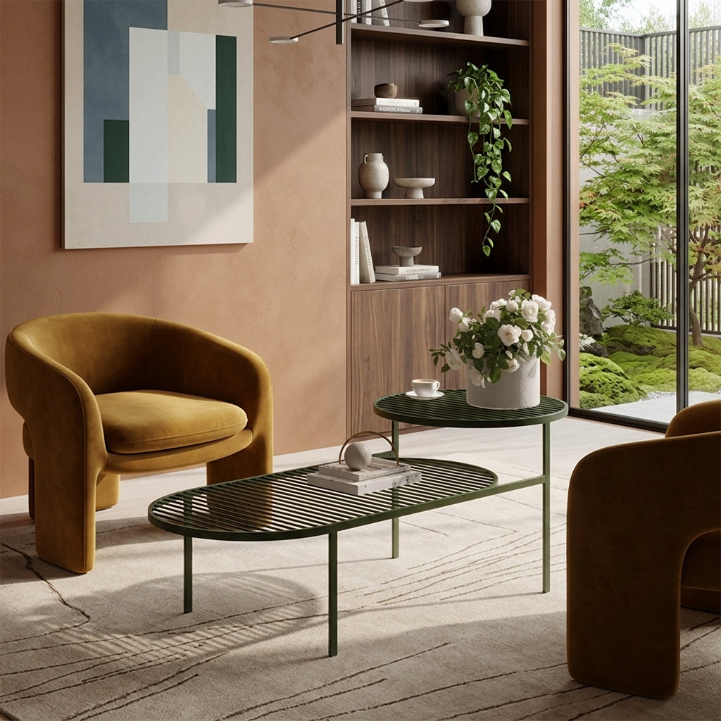 Modern Round &amp; Oval Table, Black Iron Nesting Coffee Table - Minimalist Table With Open Slatted Metal Tops, Polished Rounded Edges, Space-Saving For Living Room