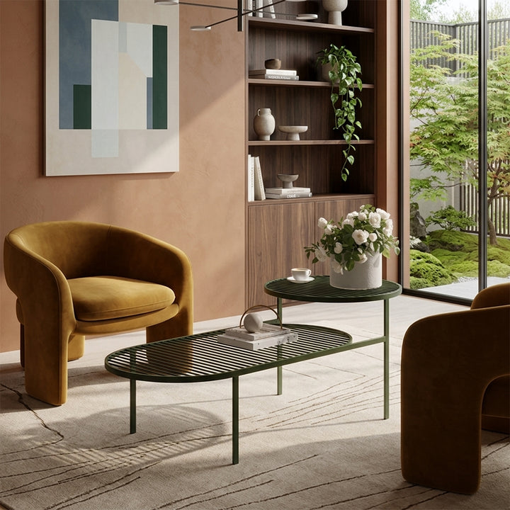 Modern Round &amp; Oval Table, Black Iron Nesting Coffee Table - Minimalist Table With Open Slatted Metal Tops, Polished Rounded Edges, Space-Saving For Living Room