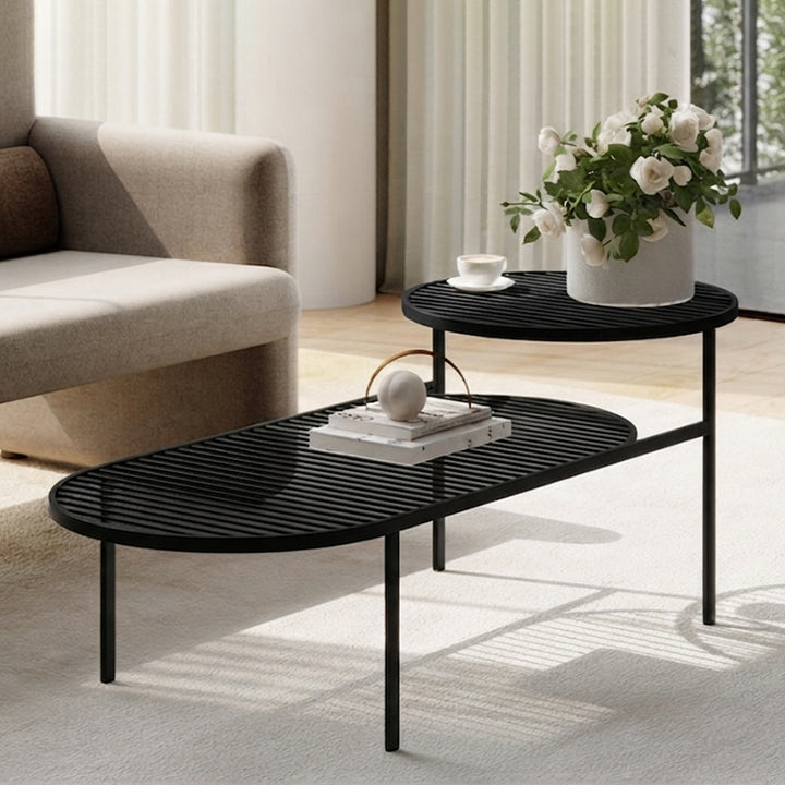 Modern Round &amp; Oval Table, Black Iron Nesting Coffee Table - Minimalist Table With Open Slatted Metal Tops, Polished Rounded Edges, Space-Saving For Living Room
