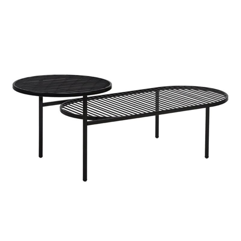 Modern Round &amp; Oval Table, Black Iron Nesting Coffee Table - Minimalist Table With Open Slatted Metal Tops, Polished Rounded Edges, Space-Saving For Living Room