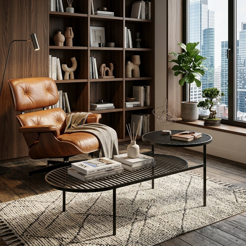 Modern Round &amp; Oval Table, Black Iron Nesting Coffee Table - Minimalist Table With Open Slatted Metal Tops, Polished Rounded Edges, Space-Saving For Living Room