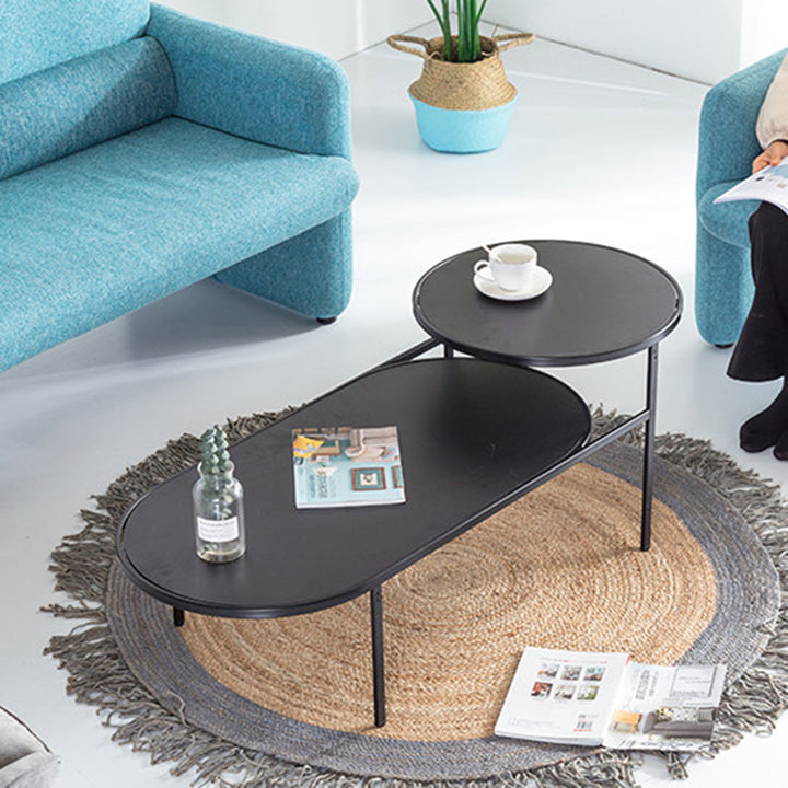 Modern Smooth Curved Edges Iron &amp; Plywood Tabletop Coffee Table - Minimalist Reinforced Crossbar Metal Base, Non-Slip Feet &amp; Small-Space Design For Living Room