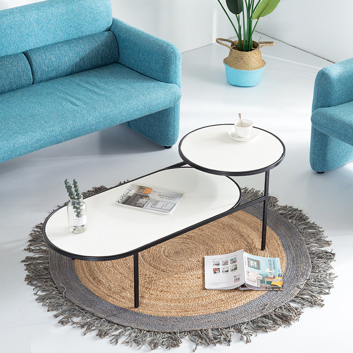 Modern Smooth Curved Edges Iron &amp; Plywood Tabletop Coffee Table - Minimalist Reinforced Crossbar Metal Base, Non-Slip Feet &amp; Small-Space Design For Living Room