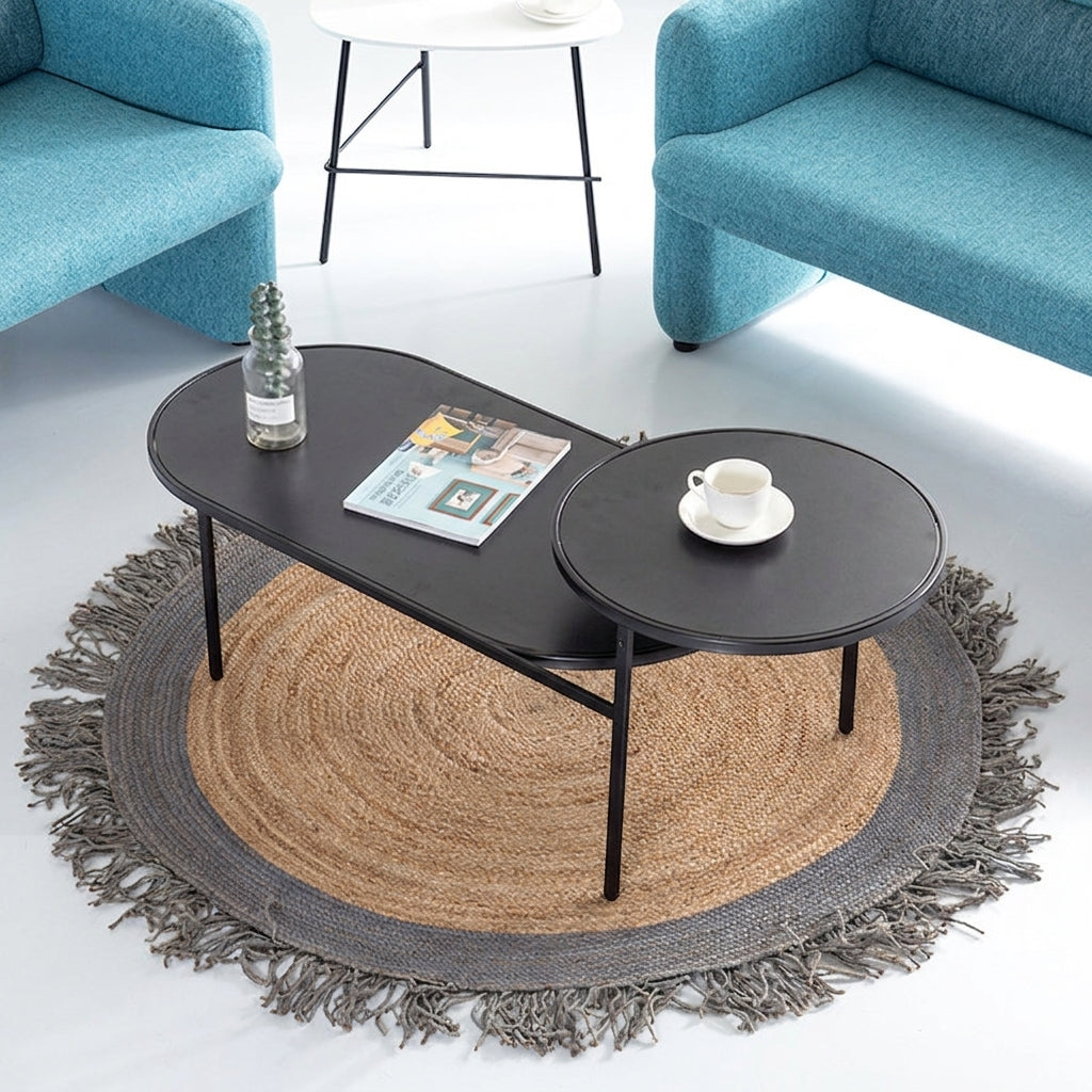 Modern Smooth Curved Edges Iron &amp; Plywood Tabletop Coffee Table - Minimalist Reinforced Crossbar Metal Base, Non-Slip Feet &amp; Small-Space Design For Living Room