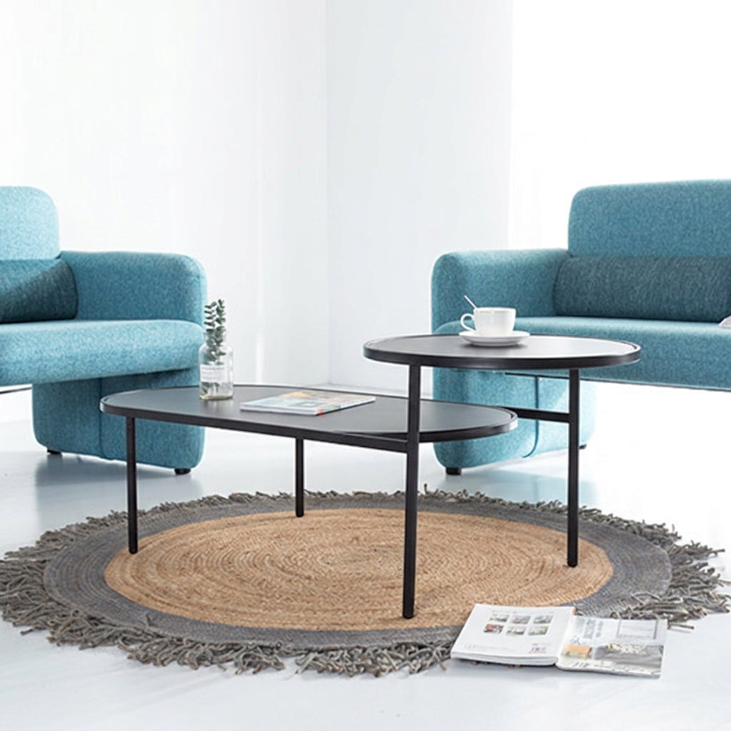 Modern Smooth Curved Edges Iron &amp; Plywood Tabletop Coffee Table - Minimalist Reinforced Crossbar Metal Base, Non-Slip Feet &amp; Small-Space Design For Living Room