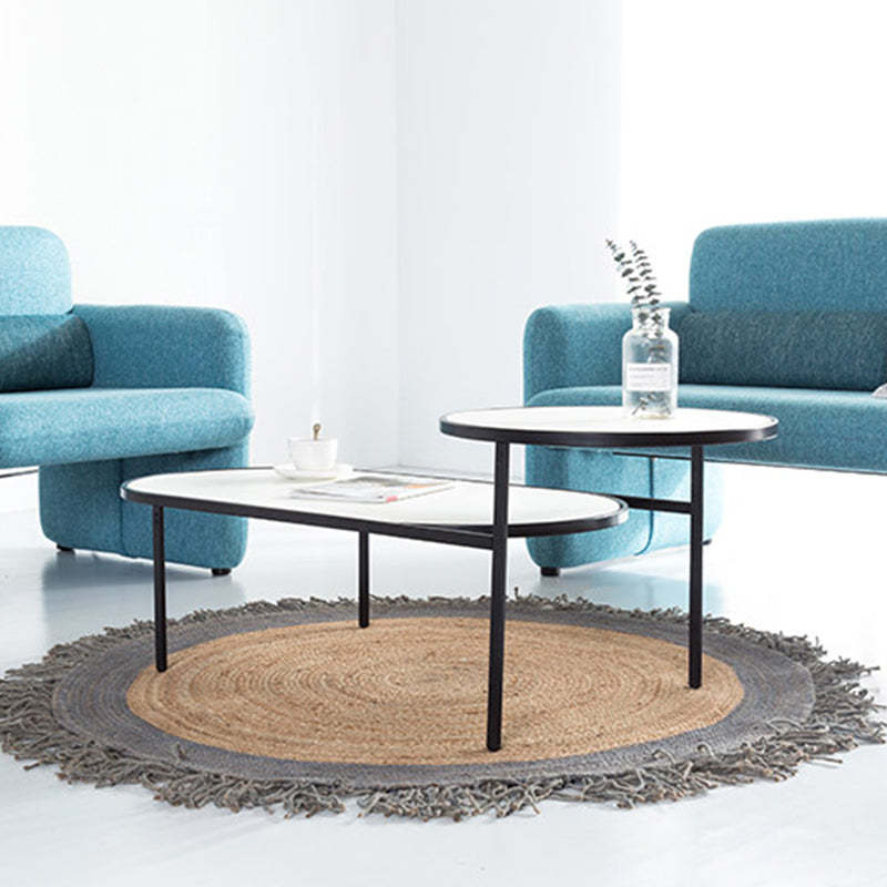 Modern Smooth Curved Edges Iron &amp; Plywood Tabletop Coffee Table - Minimalist Reinforced Crossbar Metal Base, Non-Slip Feet &amp; Small-Space Design For Living Room