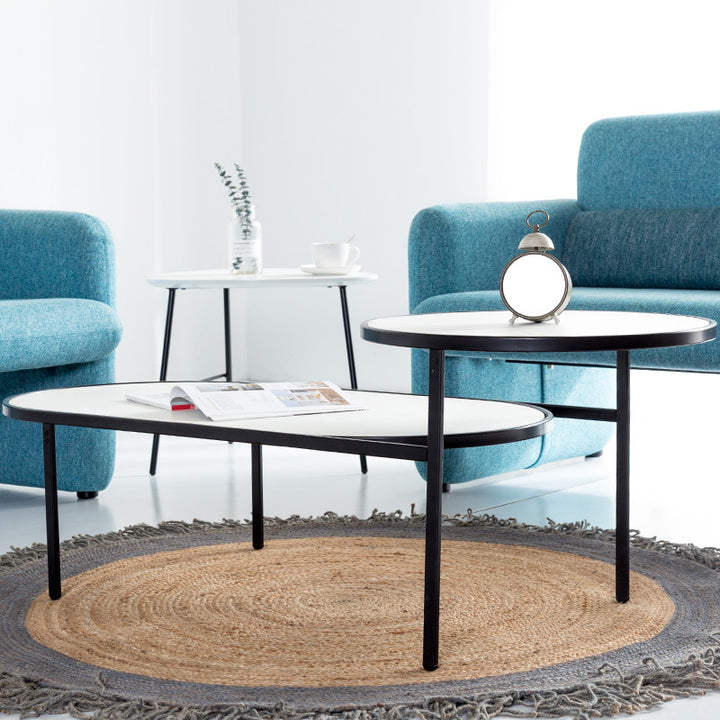 Modern Smooth Curved Edges Iron &amp; Plywood Tabletop Coffee Table - Minimalist Reinforced Crossbar Metal Base, Non-Slip Feet &amp; Small-Space Design For Living Room