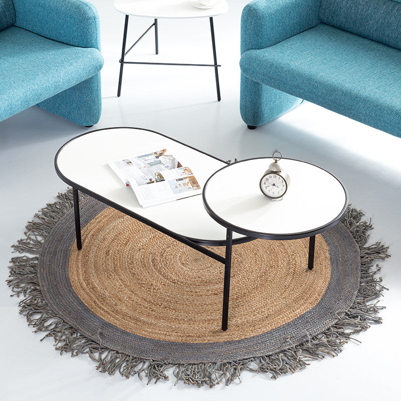 Modern Smooth Curved Edges Iron &amp; Plywood Tabletop Coffee Table - Minimalist Reinforced Crossbar Metal Base, Non-Slip Feet &amp; Small-Space Design For Living Room
