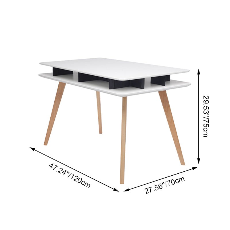 Spacious White MDF Desktop, Double-Layer Open Storage Shelf Desks - Nordic Solid Beech Wood Angled Legs, Rounded Edges Design For Home Office