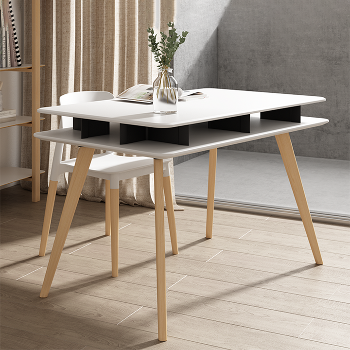 Spacious White MDF Desktop, Double-Layer Open Storage Shelf Desks - Nordic Solid Beech Wood Angled Legs, Rounded Edges Design For Home Office