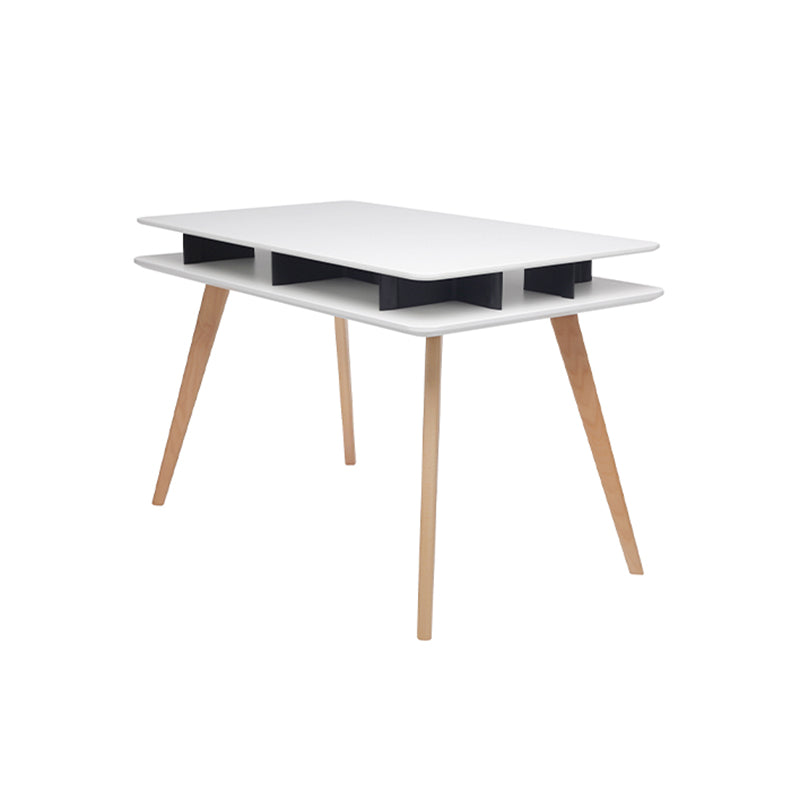 Spacious White MDF Desktop, Double-Layer Open Storage Shelf Desks - Nordic Solid Beech Wood Angled Legs, Rounded Edges Design For Home Office