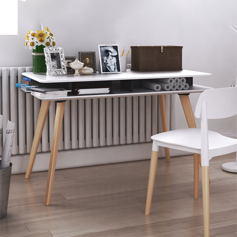 Spacious White MDF Desktop, Double-Layer Open Storage Shelf Desks - Nordic Solid Beech Wood Angled Legs, Rounded Edges Design For Home Office