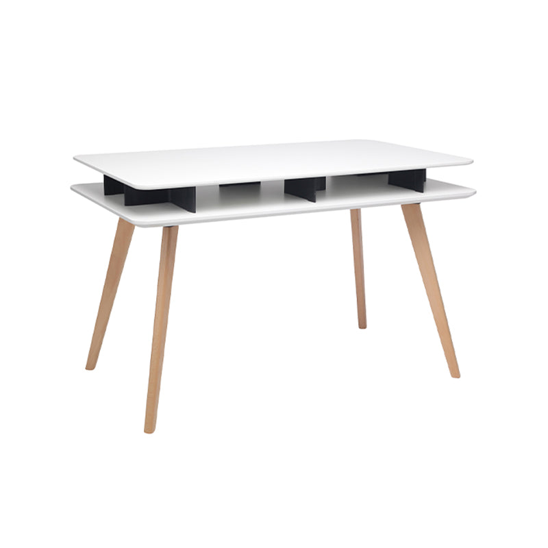 Spacious White MDF Desktop, Double-Layer Open Storage Shelf Desks - Nordic Solid Beech Wood Angled Legs, Rounded Edges Design For Home Office