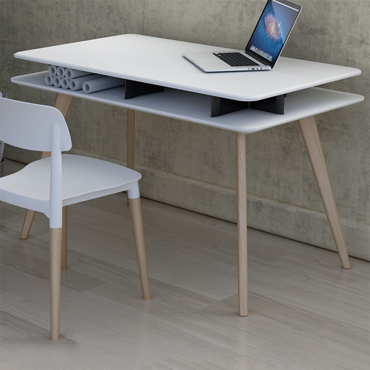 Spacious White MDF Desktop, Double-Layer Open Storage Shelf Desks - Nordic Solid Beech Wood Angled Legs, Rounded Edges Design For Home Office