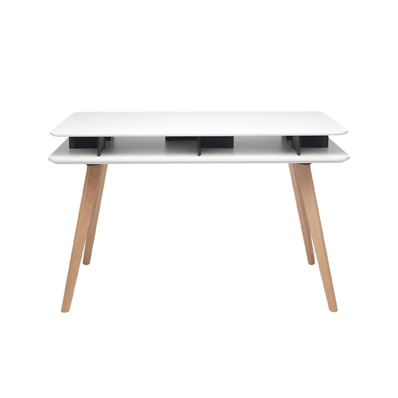 Spacious White MDF Desktop, Double-Layer Open Storage Shelf Desks - Nordic Solid Beech Wood Angled Legs, Rounded Edges Design For Home Office