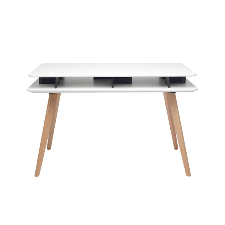 Spacious White MDF Desktop, Double-Layer Open Storage Shelf Desks - Nordic Solid Beech Wood Angled Legs, Rounded Edges Design For Home Office