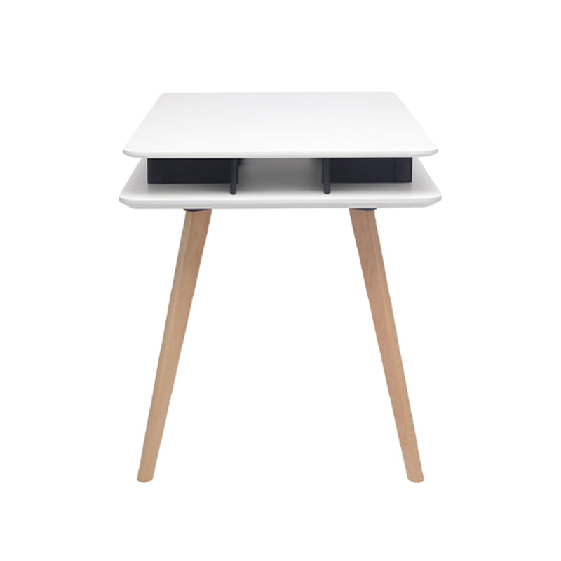 Spacious White MDF Desktop, Double-Layer Open Storage Shelf Desks - Nordic Solid Beech Wood Angled Legs, Rounded Edges Design For Home Office