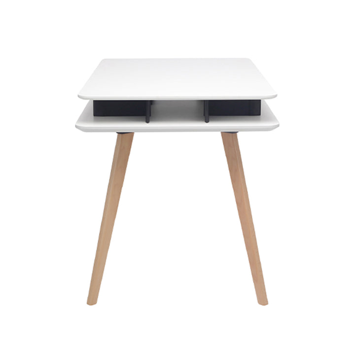 Spacious White MDF Desktop, Double-Layer Open Storage Shelf Desks - Nordic Solid Beech Wood Angled Legs, Rounded Edges Design For Home Office
