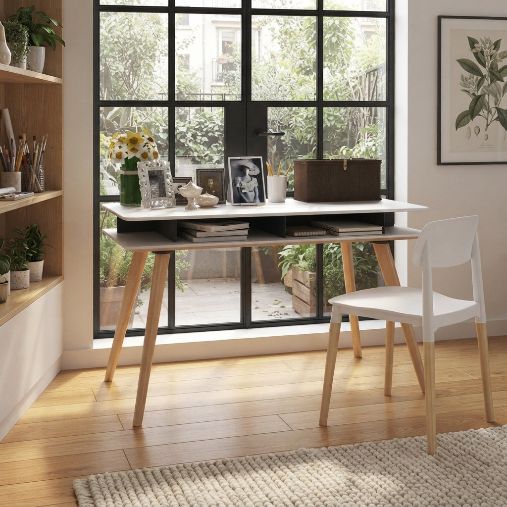 Spacious White MDF Desktop, Double-Layer Open Storage Shelf Desks - Nordic Solid Beech Wood Angled Legs, Rounded Edges Design For Home Office