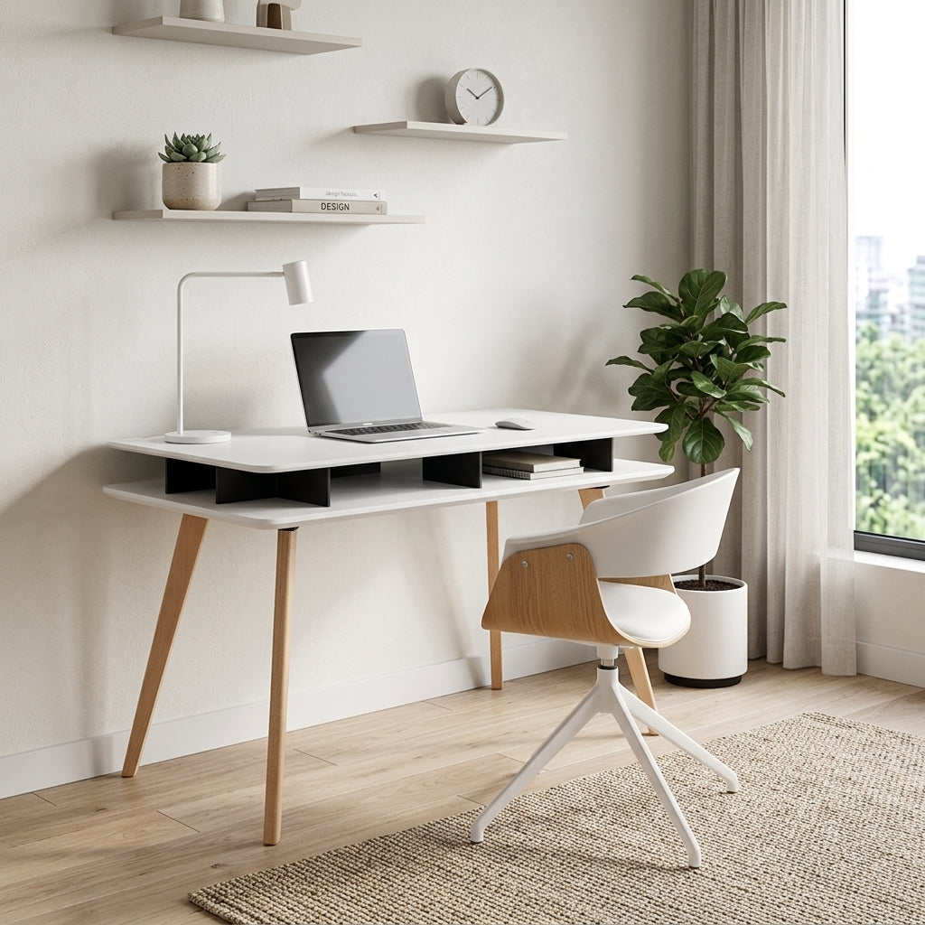 Spacious White MDF Desktop, Double-Layer Open Storage Shelf Desks - Nordic Solid Beech Wood Angled Legs, Rounded Edges Design For Home Office