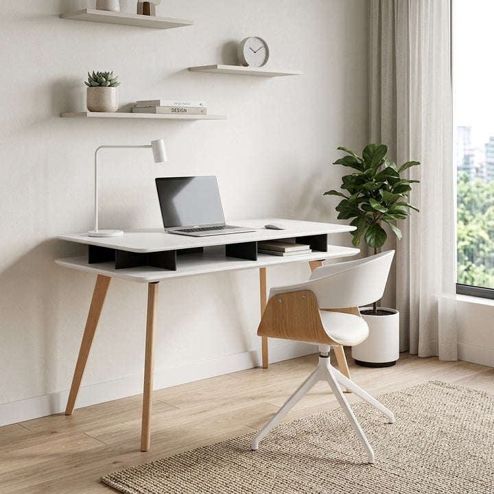 Spacious White MDF Desktop, Double-Layer Open Storage Shelf Desks - Nordic Solid Beech Wood Angled Legs, Rounded Edges Design For Home Office