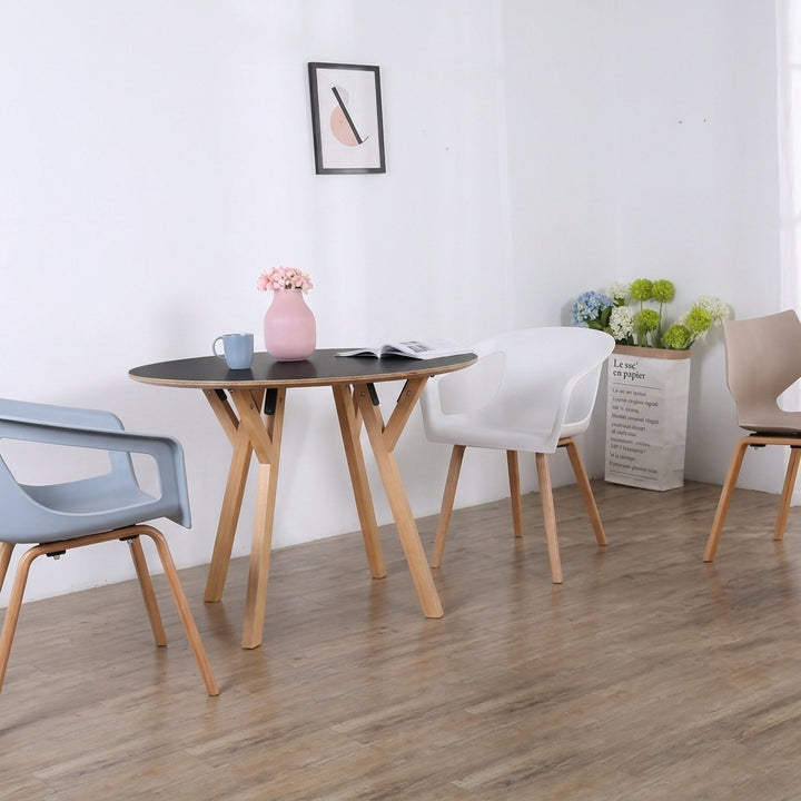 Round Consultation Table Eucalyptus Plywood Top Dining Table - Nordic Solid Beech Wood Legs &amp; Triangular Support Structure &amp; Smooth Rounded Edges, Aluminum Alloy Connectors &amp; Non-Slip Feet For Dining Room