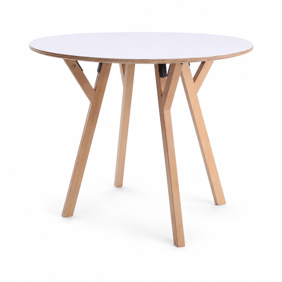 Round Consultation Table Eucalyptus Plywood Top Dining Table - Nordic Solid Beech Wood Legs &amp; Triangular Support Structure &amp; Smooth Rounded Edges, Aluminum Alloy Connectors &amp; Non-Slip Feet For Dining Room