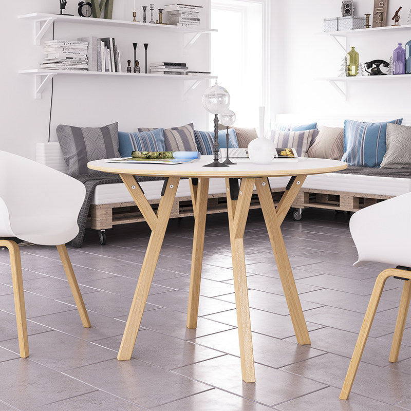 Round Consultation Table Eucalyptus Plywood Top Dining Table - Nordic Solid Beech Wood Legs &amp; Triangular Support Structure &amp; Smooth Rounded Edges, Aluminum Alloy Connectors &amp; Non-Slip Feet For Dining Room