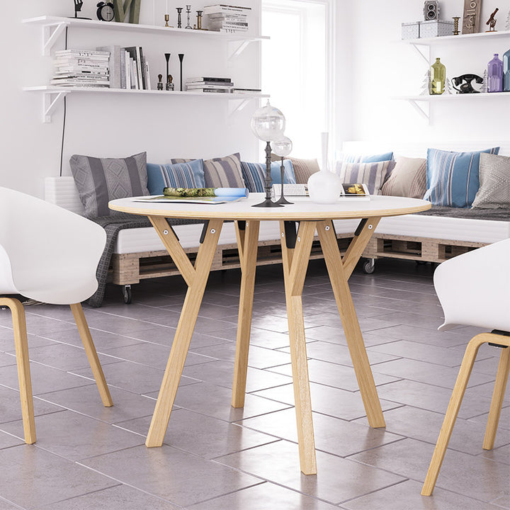 Round Consultation Table Eucalyptus Plywood Top Dining Table - Nordic Solid Beech Wood Legs & Triangular Support Structure & Smooth Rounded Edges, Aluminum Alloy Connectors & Non-Slip Feet For Dining Room