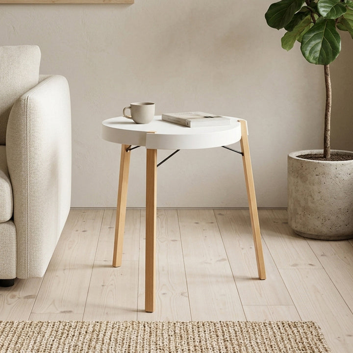 Contemporary White Round Table, Durable PP Tabletop &amp; Solid Beech Wood Legs End Table - Nordic Small Table Two Sizes Optional, Can Be Combined &amp; Matched For Layered Home Decor