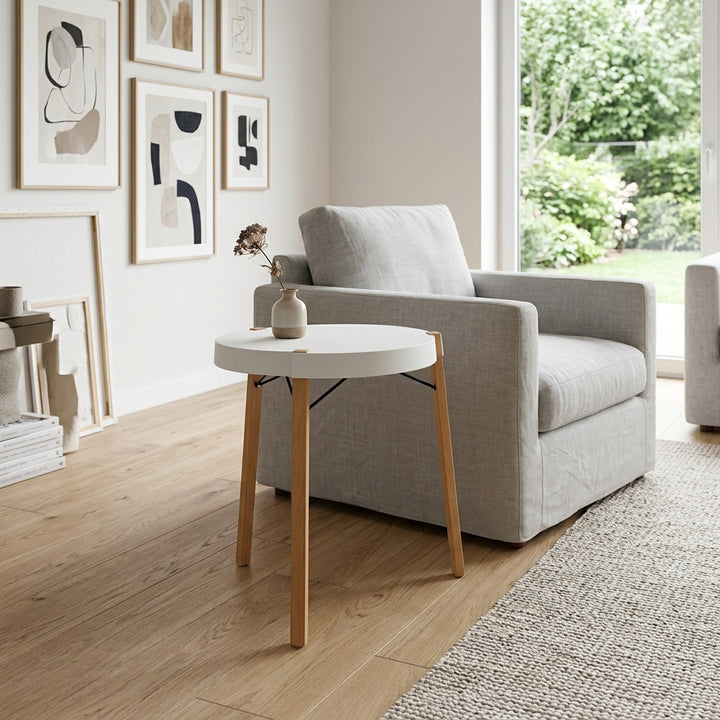 Contemporary White Round Table, Durable PP Tabletop &amp; Solid Beech Wood Legs End Table - Nordic Small Table Two Sizes Optional, Can Be Combined &amp; Matched For Layered Home Decor