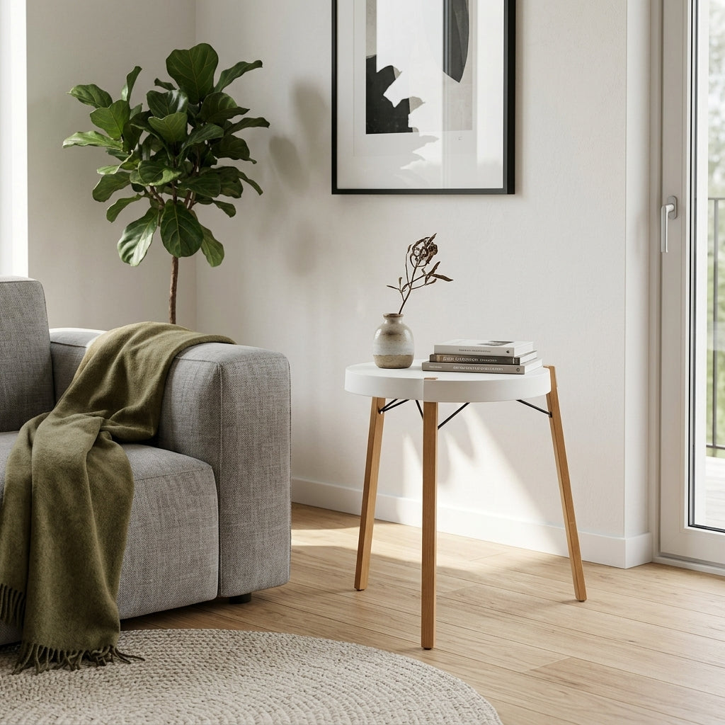 Contemporary White Round Table, Durable PP Tabletop &amp; Solid Beech Wood Legs End Table - Nordic Small Table Two Sizes Optional, Can Be Combined &amp; Matched For Layered Home Decor