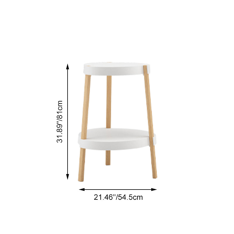 PP Round Tabletop Solid Beech Wood Legs White 2-Tier End Table - Nordic Double Shelf End Table, Small Accent Side Nightstand For Living Room Bedroom Sofa Corner