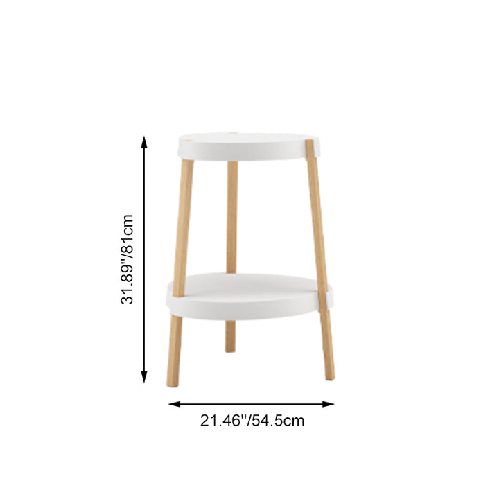PP Round Tabletop Solid Beech Wood Legs White 2-Tier End Table - Nordic Double Shelf End Table, Small Accent Side Nightstand For Living Room Bedroom Sofa Corner