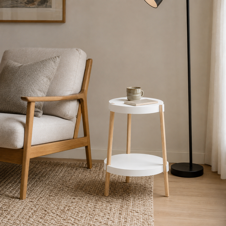 PP Round Tabletop Solid Beech Wood Legs White 2-Tier End Table - Nordic Double Shelf End Table, Small Accent Side Nightstand For Living Room Bedroom Sofa Corner