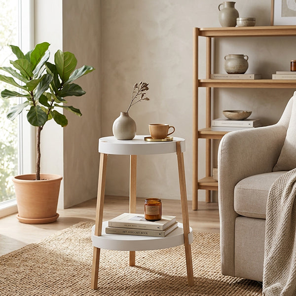 PP Round Tabletop Solid Beech Wood Legs White 2-Tier End Table - Nordic Double Shelf End Table, Small Accent Side Nightstand For Living Room Bedroom Sofa Corner
